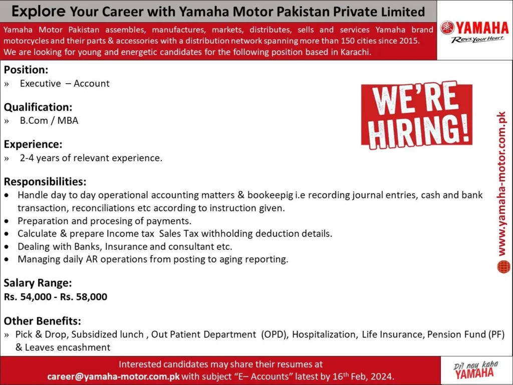 Executive Accountant at Yamaha Motor Pakistan Feb 24